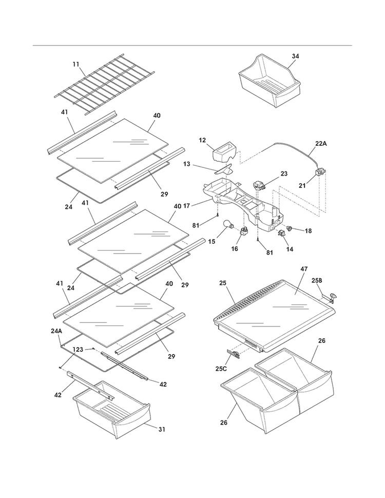 Shelves Diagram and Parts List for FFHI1817LB6  Frigidaire Refrigerator