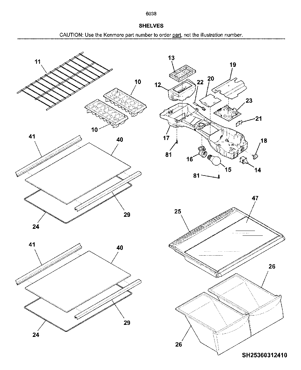 Shelves Diagram and Parts List for 25360389416  Kenmore Refrigerator