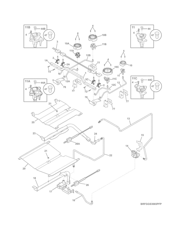 Burner Diagram and Parts List for FGGS3065PFP  Frigidaire Range