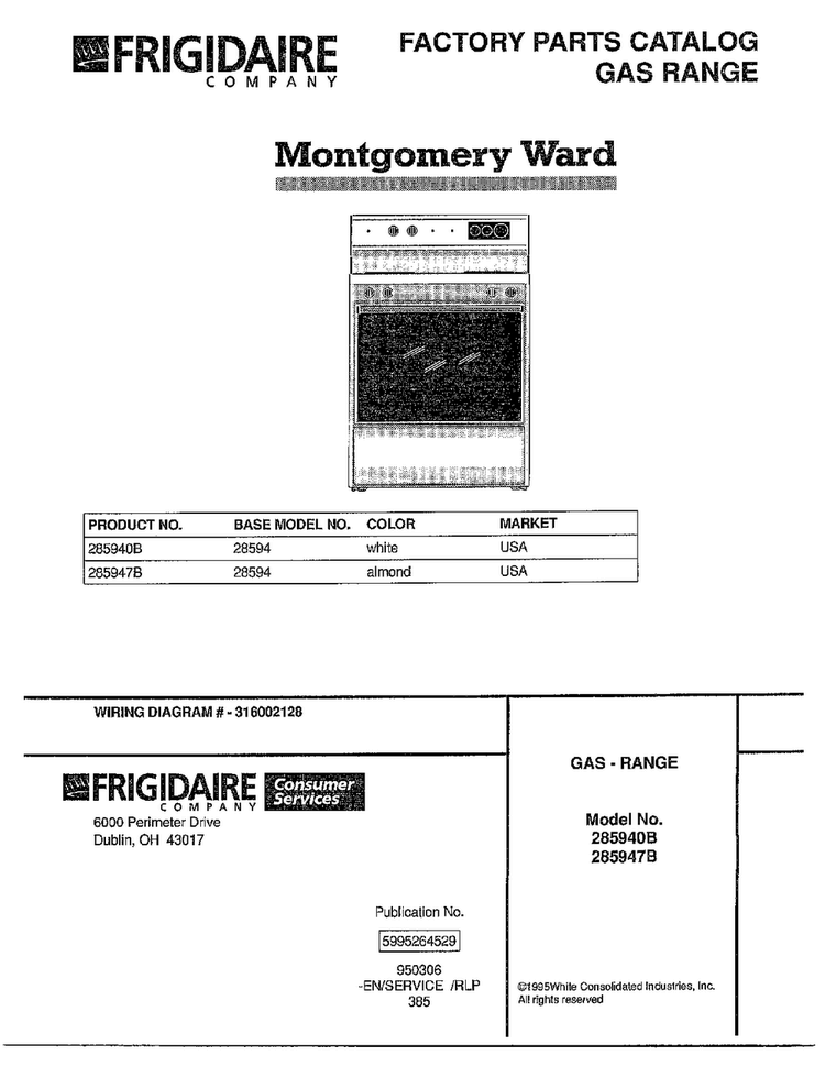 Gas Range Front Cover Diagram and Parts List for 285947B  Frigidaire Range