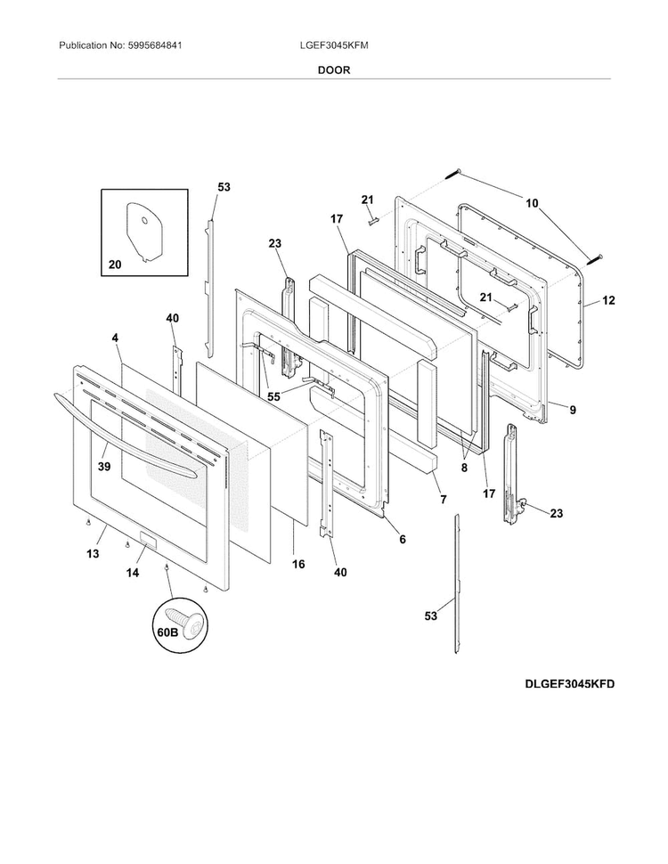 Door Diagram and Parts List for LGEF3045KFM  Frigidaire Range