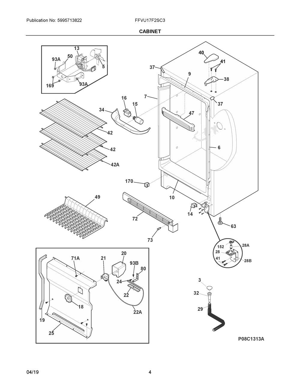 Cabinet Diagram and Parts List for FFVU17F2SC3  Frigidaire Freezer