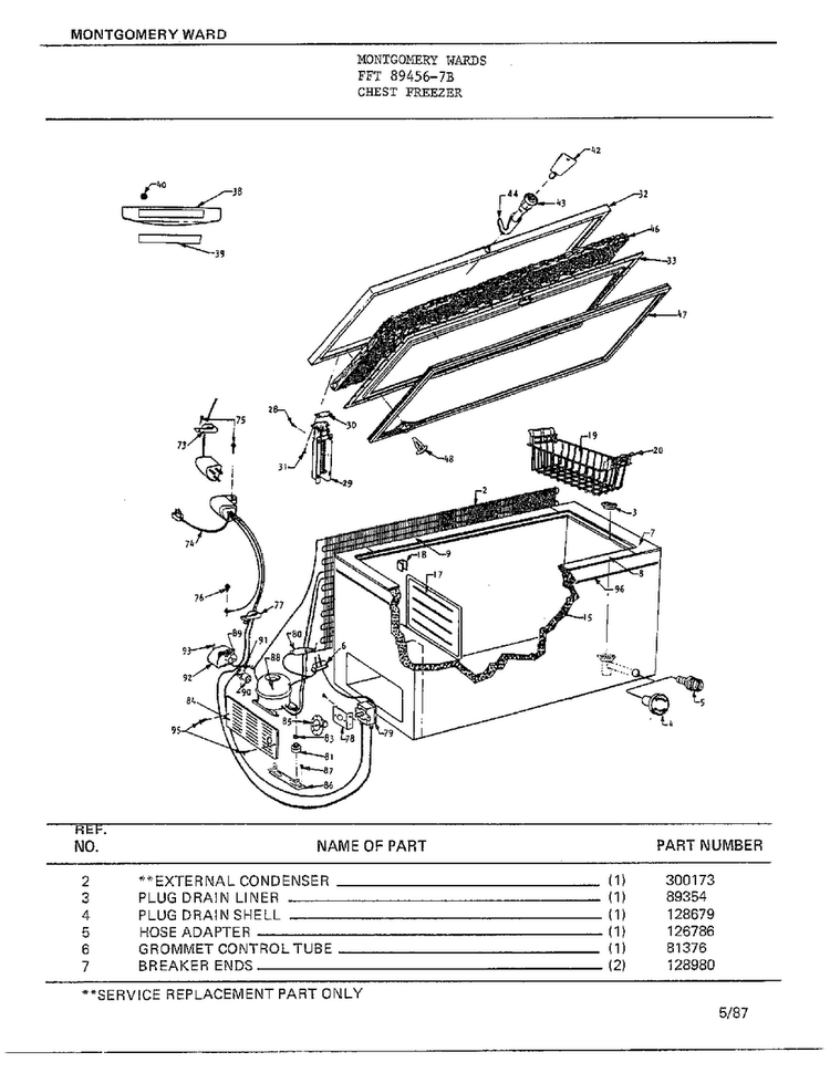 Chest Freezer Diagram and Parts List for 89456-7B  Frigidaire Freezer