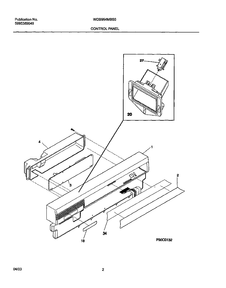 CONTROL PANEL Diagram and Parts List for WDB954MBS0  Westinghouse Dishwasher