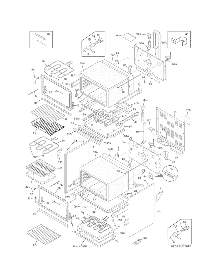 Body Diagram and Parts List for FGEF302TNFA  Frigidaire Range