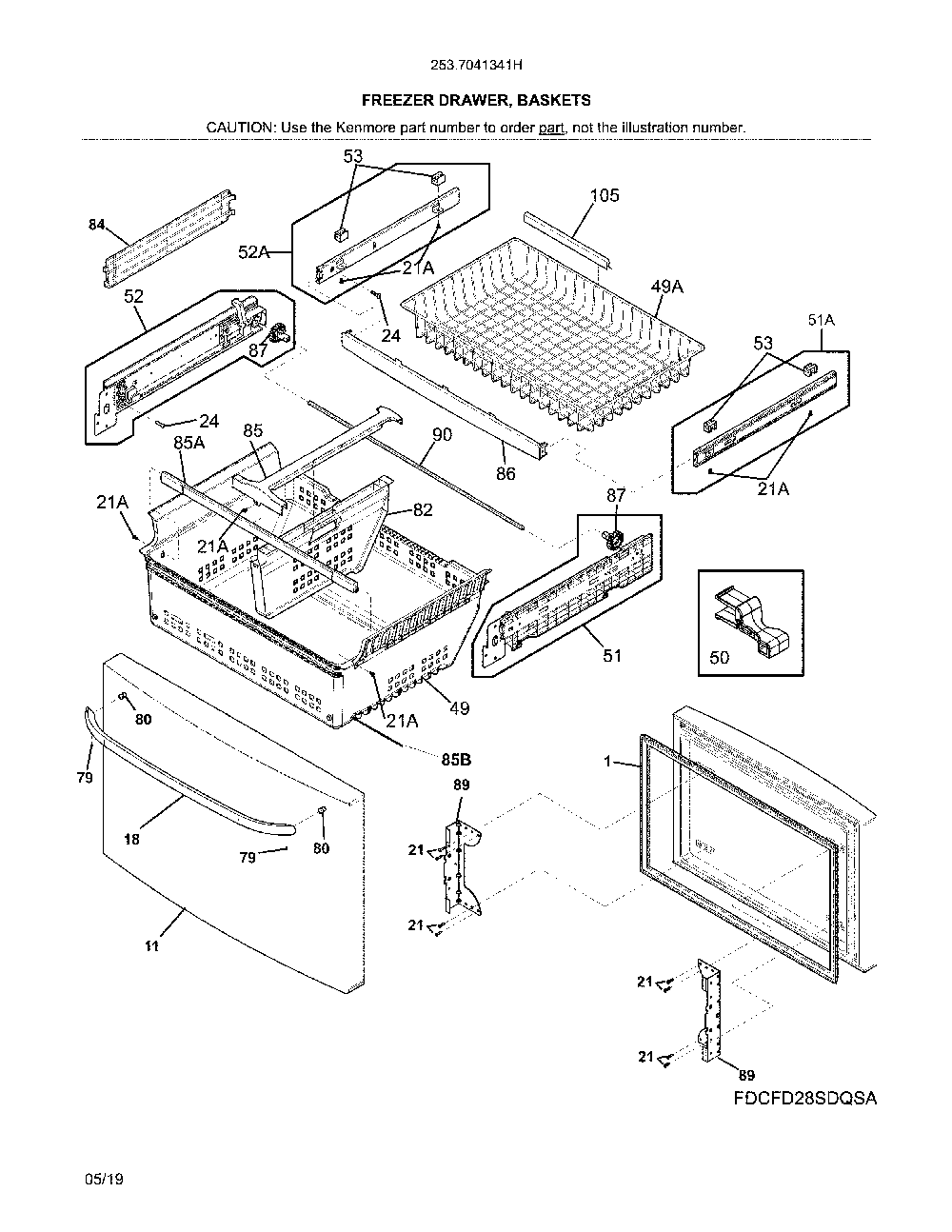 Freezer drawer, baskets Diagram and Parts List for 2537041341H  Kenmore Refrigerator