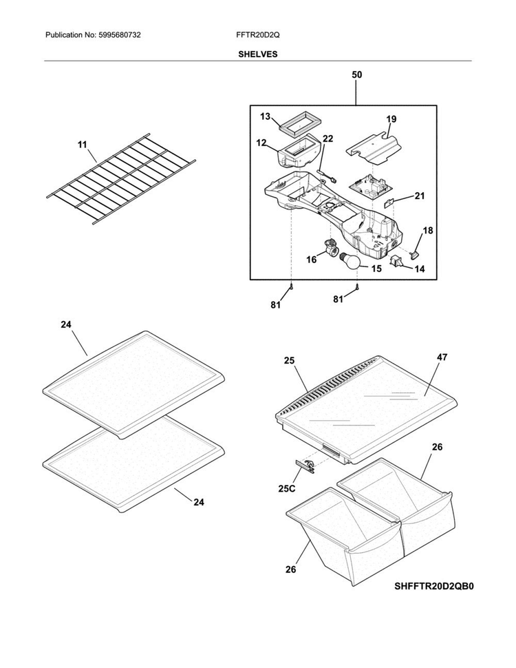 Shelves Diagram and Parts List for FFTR20D2QW2  Frigidaire Refrigerator