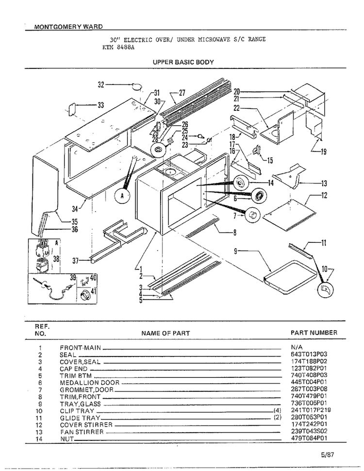 Upper Basic Body Diagram and Parts List for 8488A  Frigidaire Range