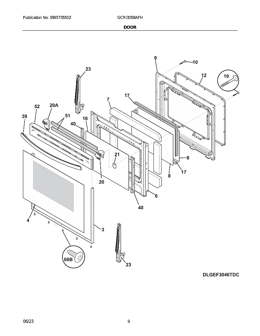 Door Diagram and Parts List for GCRI3058AFH  Frigidaire Range