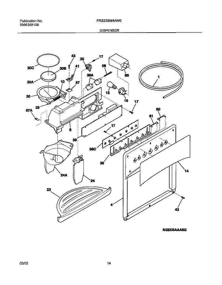 DISPENSER Diagram and Parts List for FRS23SM4AW0  Frigidaire Refrigerator