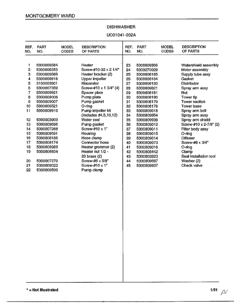 Dishwasher Page 8 Diagram and Parts List for 1041-002A  Frigidaire Dishwasher