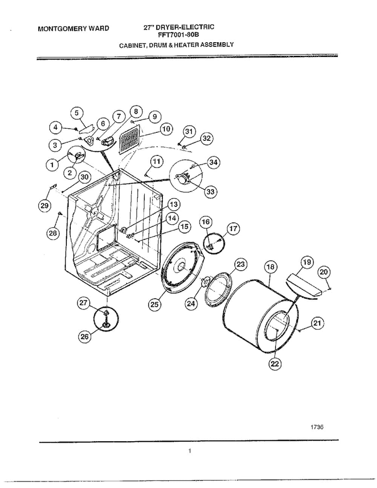Cabinet, Drum And Heater Diagram and Parts List for FFT7001-80B  Frigidaire Dryer
