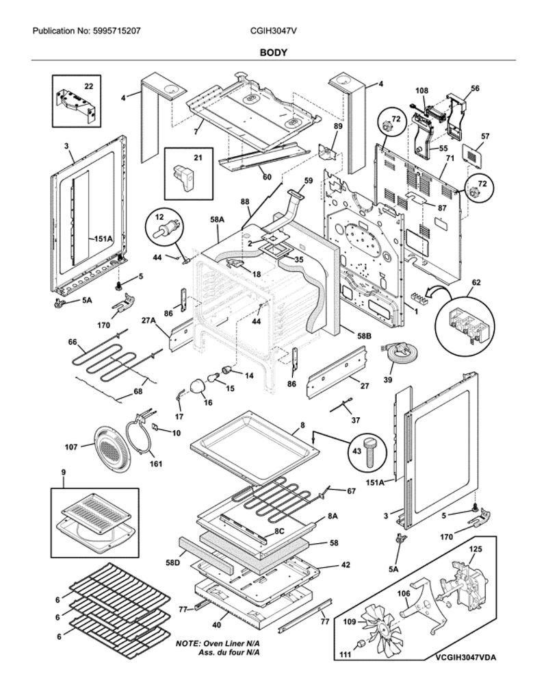 Body Diagram and Parts List for CGIH3047VDA  Frigidaire Range