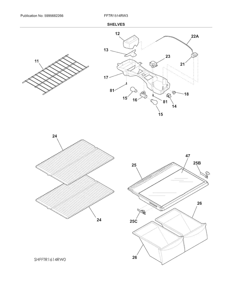 Shelves Diagram and Parts List for FFTR1514RW3  Frigidaire Refrigerator