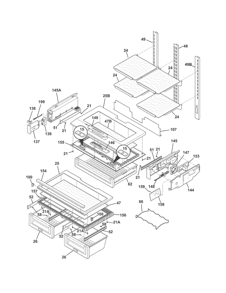 Shelves Diagram and Parts List for E23BC68JPS7  Electrolux Refrigerator