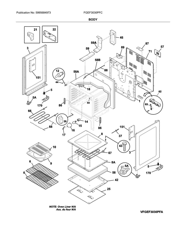 Body Diagram and Parts List for FGEF3030PFC  Frigidaire Range