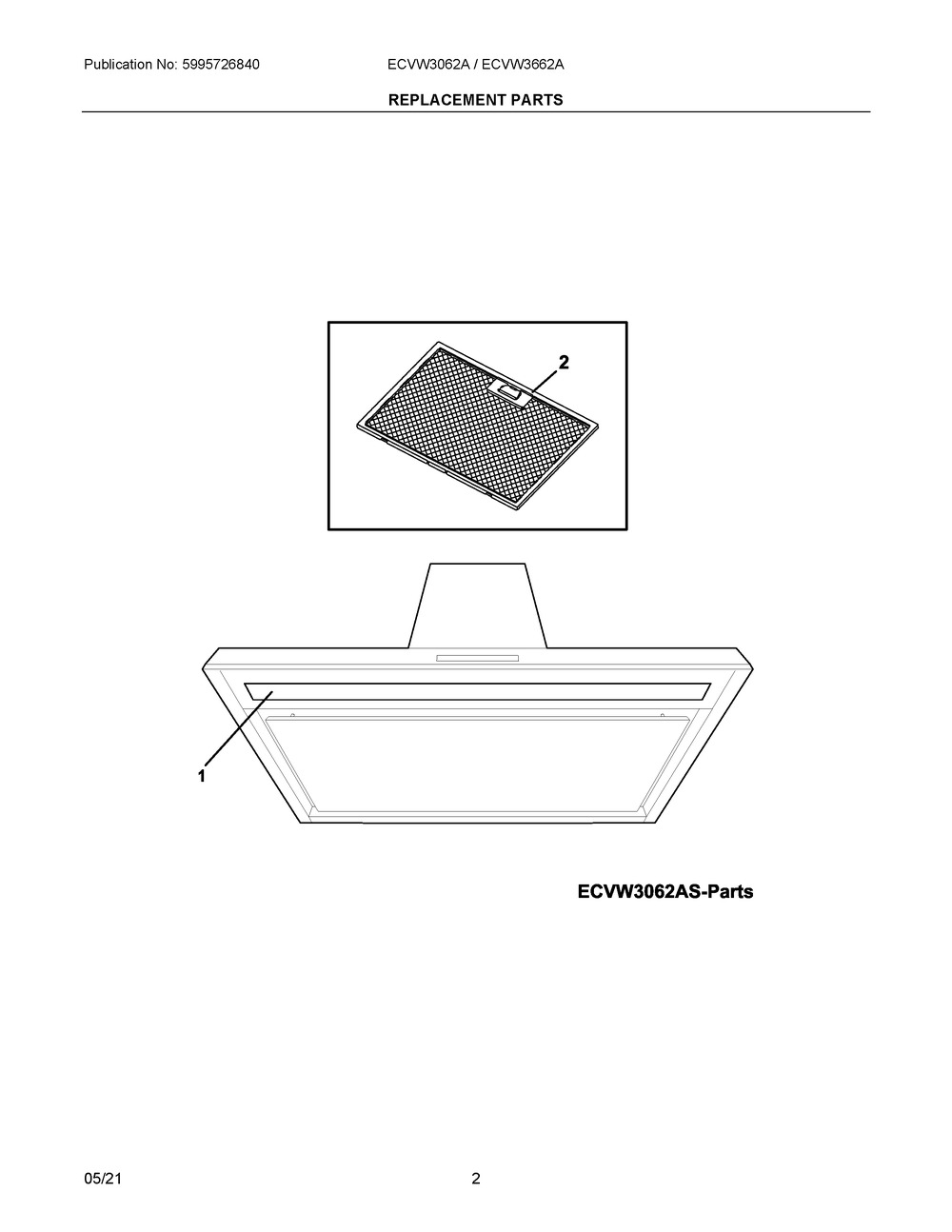 Replacement Parts Diagram and Parts List for ECVW3662AS  Frigidaire Range Hood