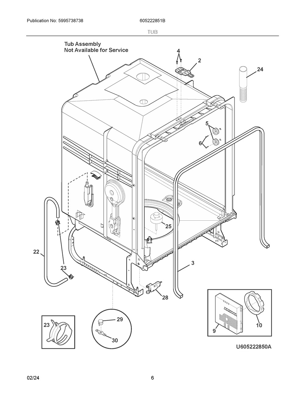 Tub Diagram and Parts List for 605222851B  Frigidaire Dishwasher