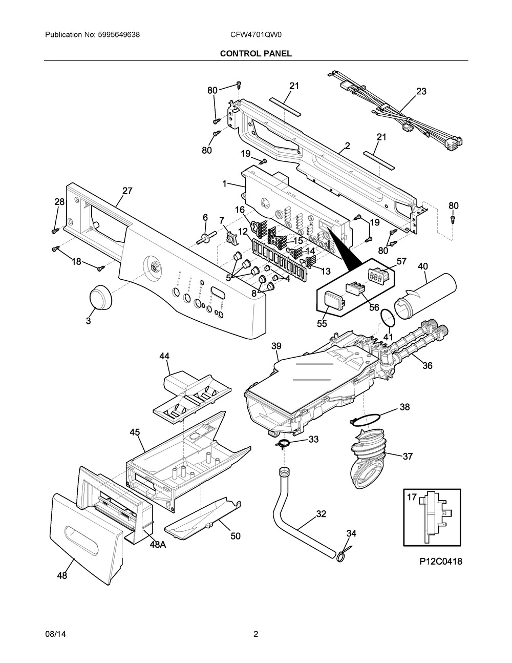 Control Panel Diagram and Parts List for CFW4701QW0  Frigidaire Washer