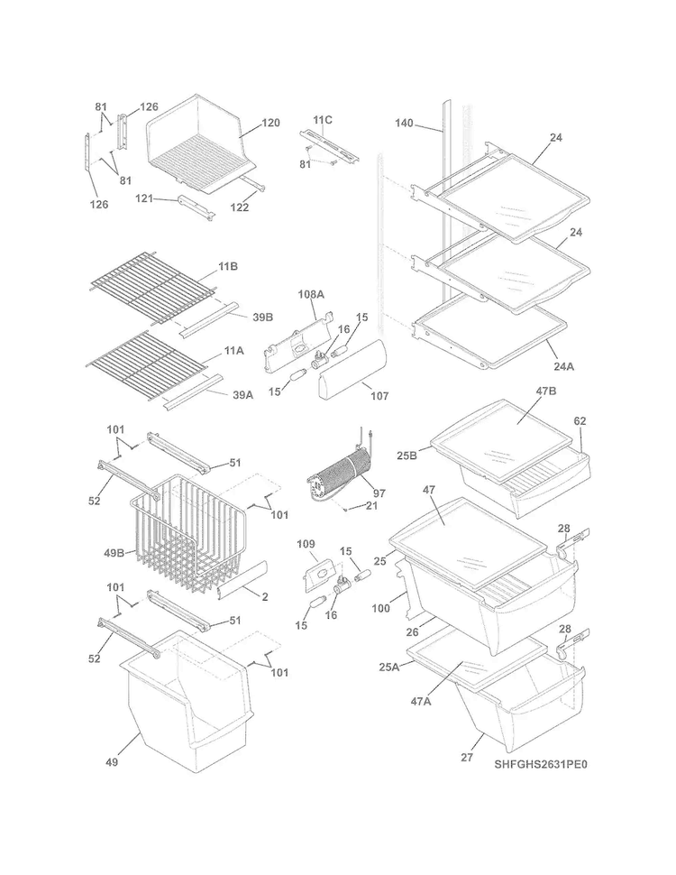 Shelves Diagram and Parts List for FGHS2631PE1  Frigidaire Refrigerator