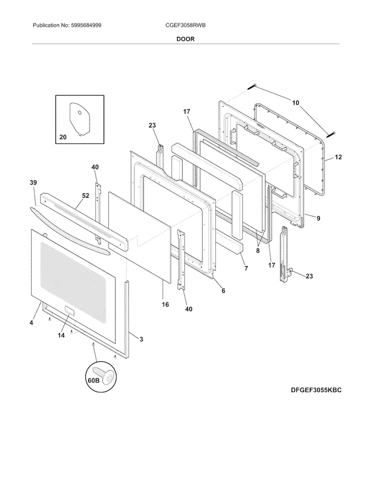 Door Diagram and Parts List for CGEF3058RWB  Frigidaire Range