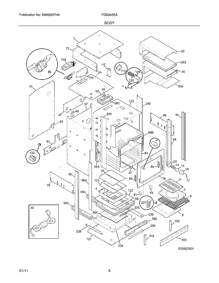 BODY Diagram and Parts List for FGB24S5ASE  Frigidaire Wall Oven