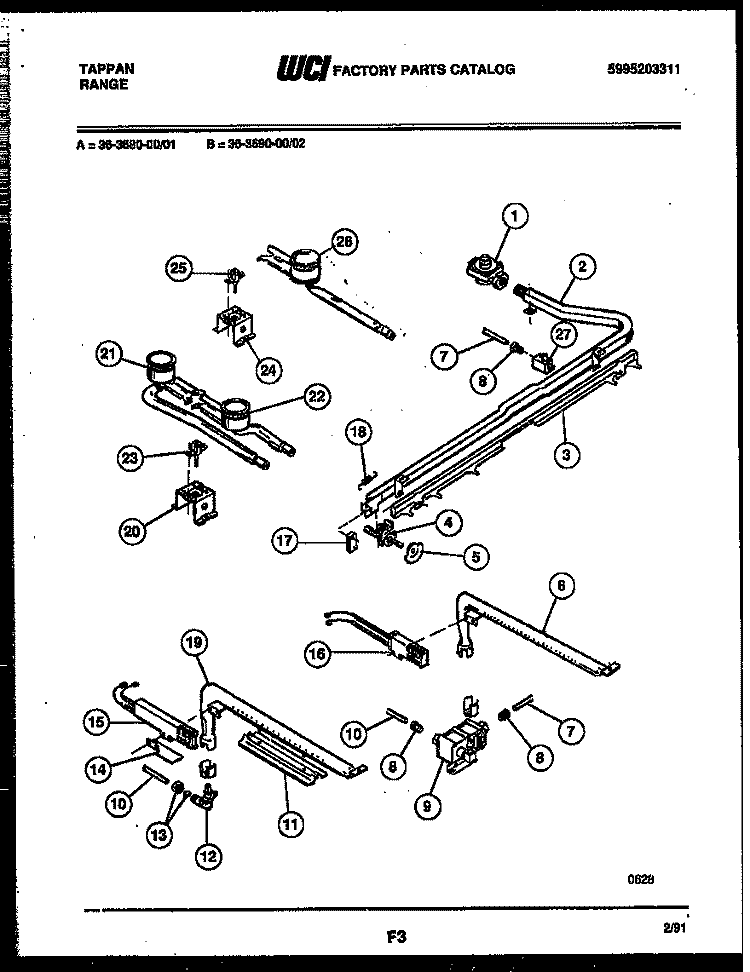 BURNER, MANIFOLD AND GAS CONTROL Diagram and Parts List for 36-3690-00-01  Tappan Range