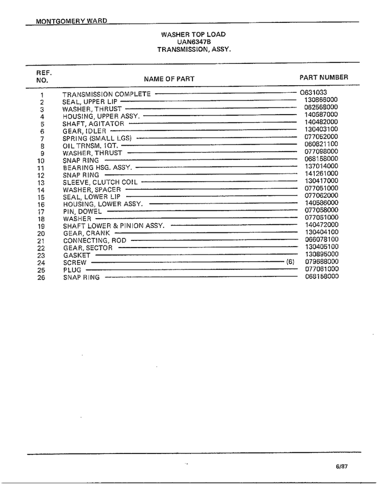 Transmission Assy Page 2 Diagram and Parts List for 6347B  Frigidaire Washer