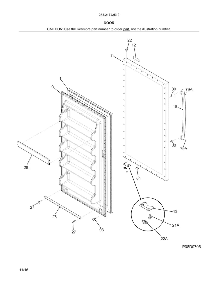 Door Diagram and Parts List for 25321742512  Kenmore Freezer