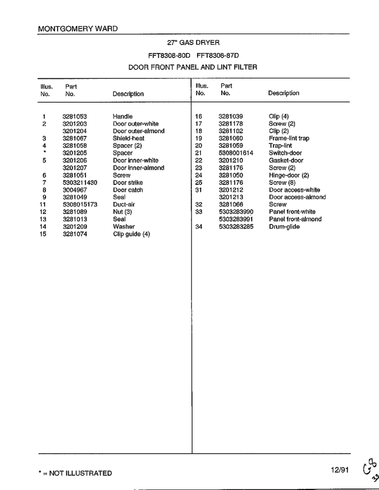 Gas Dryer-door Front Panel-lint Filter Page 2 Diagram and Parts List for 8308-80D  Frigidaire Dryer