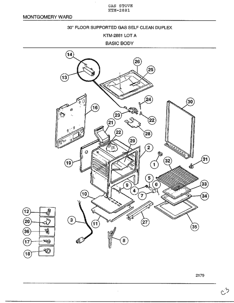 Basic Body Diagram and Parts List for 2881  Frigidaire Range