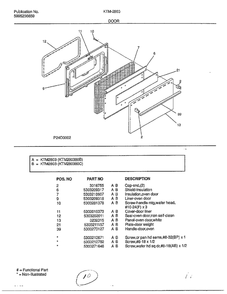 Door Diagram and Parts List for 2803-80B  Frigidaire Range