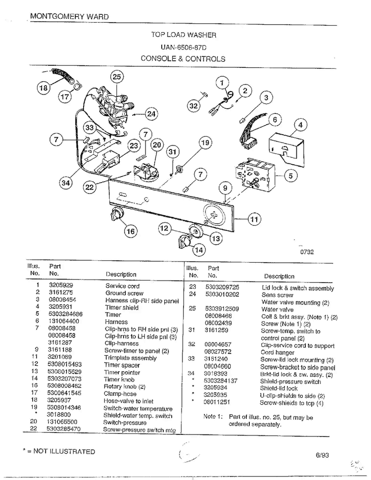 Console And Controls Diagram and Parts List for 6506-87D  Frigidaire Washer