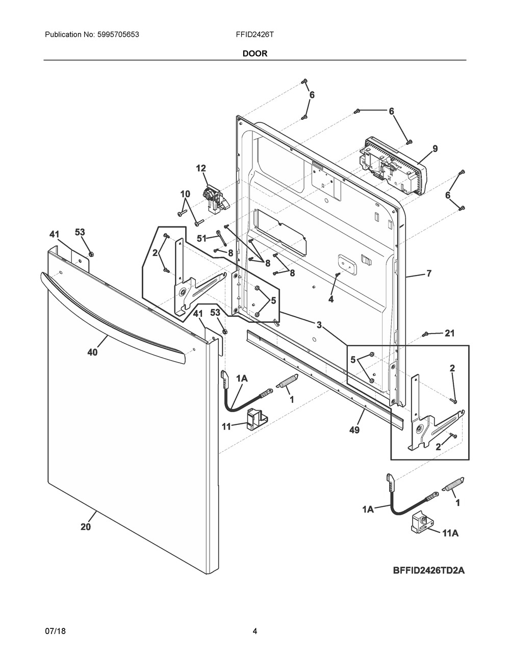 Door Diagram and Parts List for FFID2426TD2A  Frigidaire Dishwasher