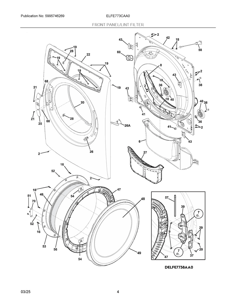 Front Panel/Lint Filter Diagram and Parts List for ELFE773CAA0  Frigidaire Dryer