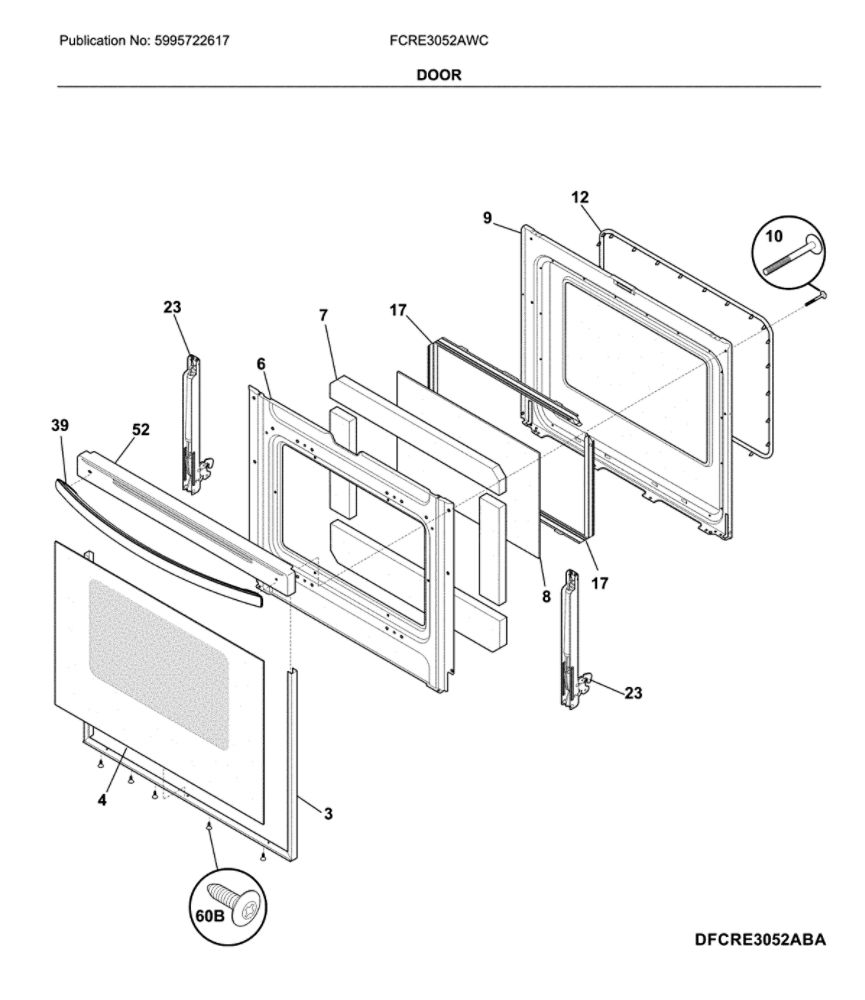 Door Diagram and Parts List for FCRE3052AWC  Frigidaire Range