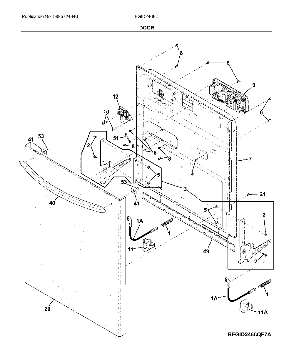 Door Diagram and Parts List for FGID2468UF2A  Frigidaire Dishwasher