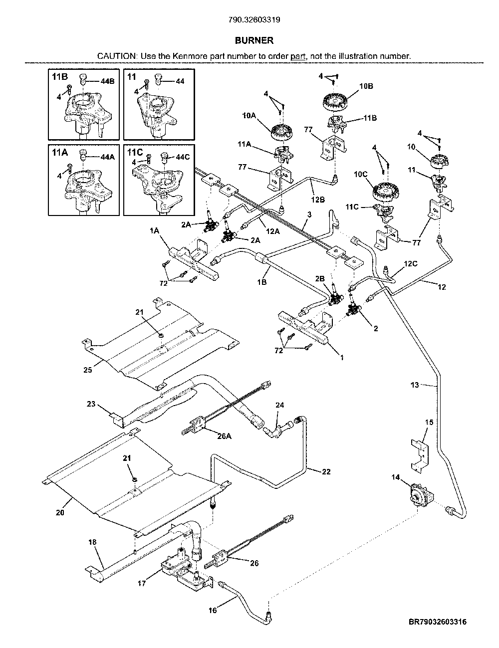 Burner Diagram and Parts List for 79032603319  Kenmore Range
