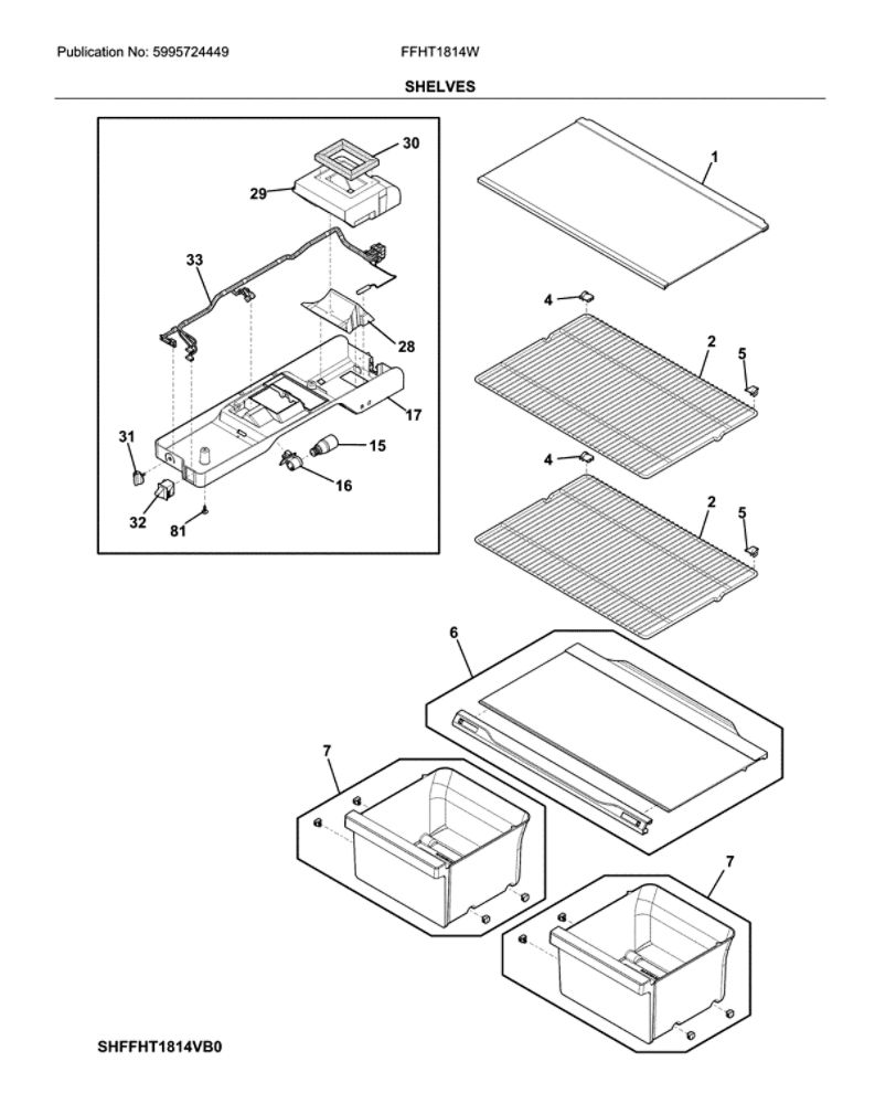 Shelves Diagram and Parts List for FFHT1814WW0  Frigidaire Refrigerator