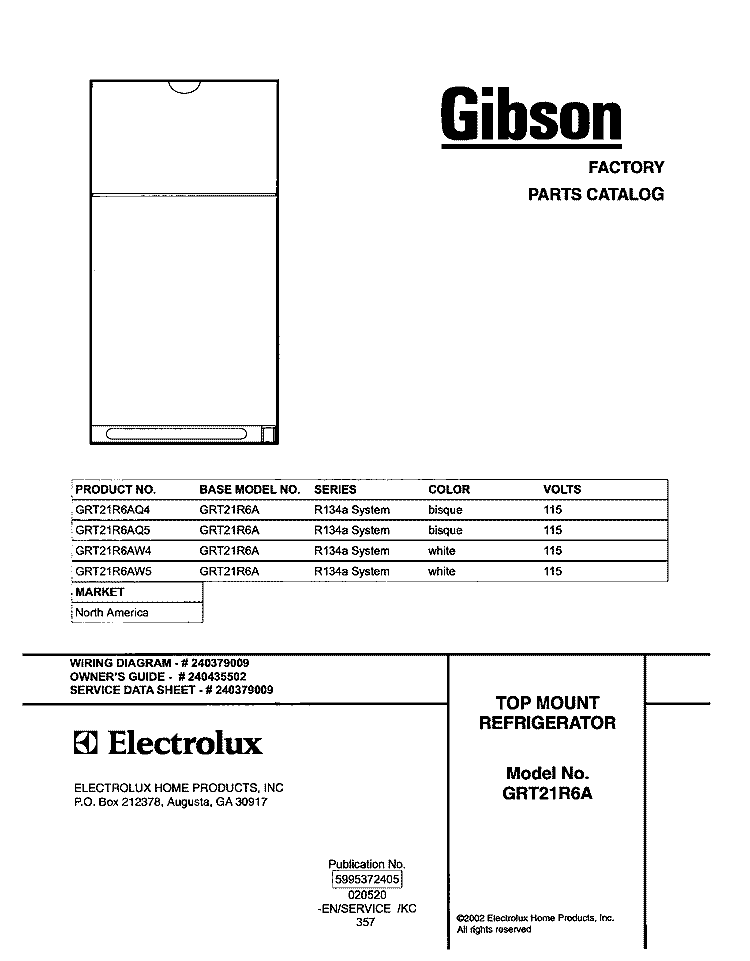 COVER Diagram and Parts List for GRT21R6AW4  Gibson Refrigerator