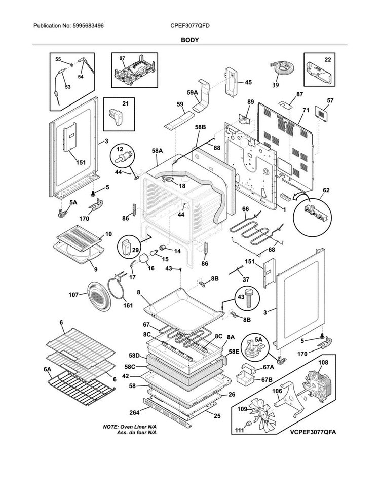 Body Diagram and Parts List for CPEF3077QFD  Frigidaire Range