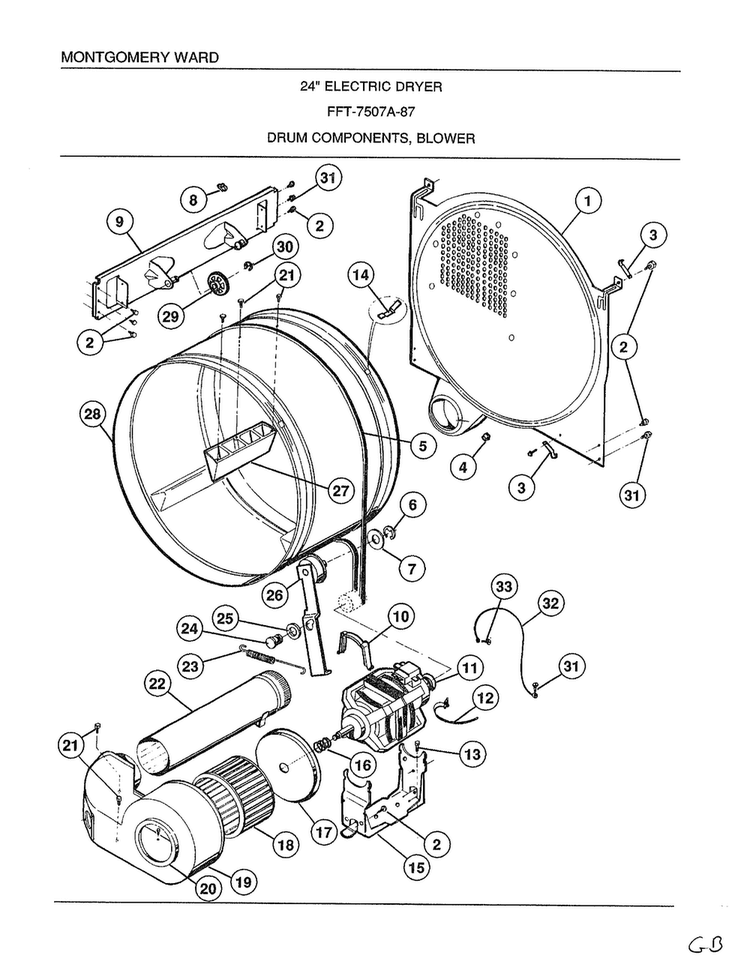 Drum Components, Blower Diagram and Parts List for 7507A  Frigidaire Dryer