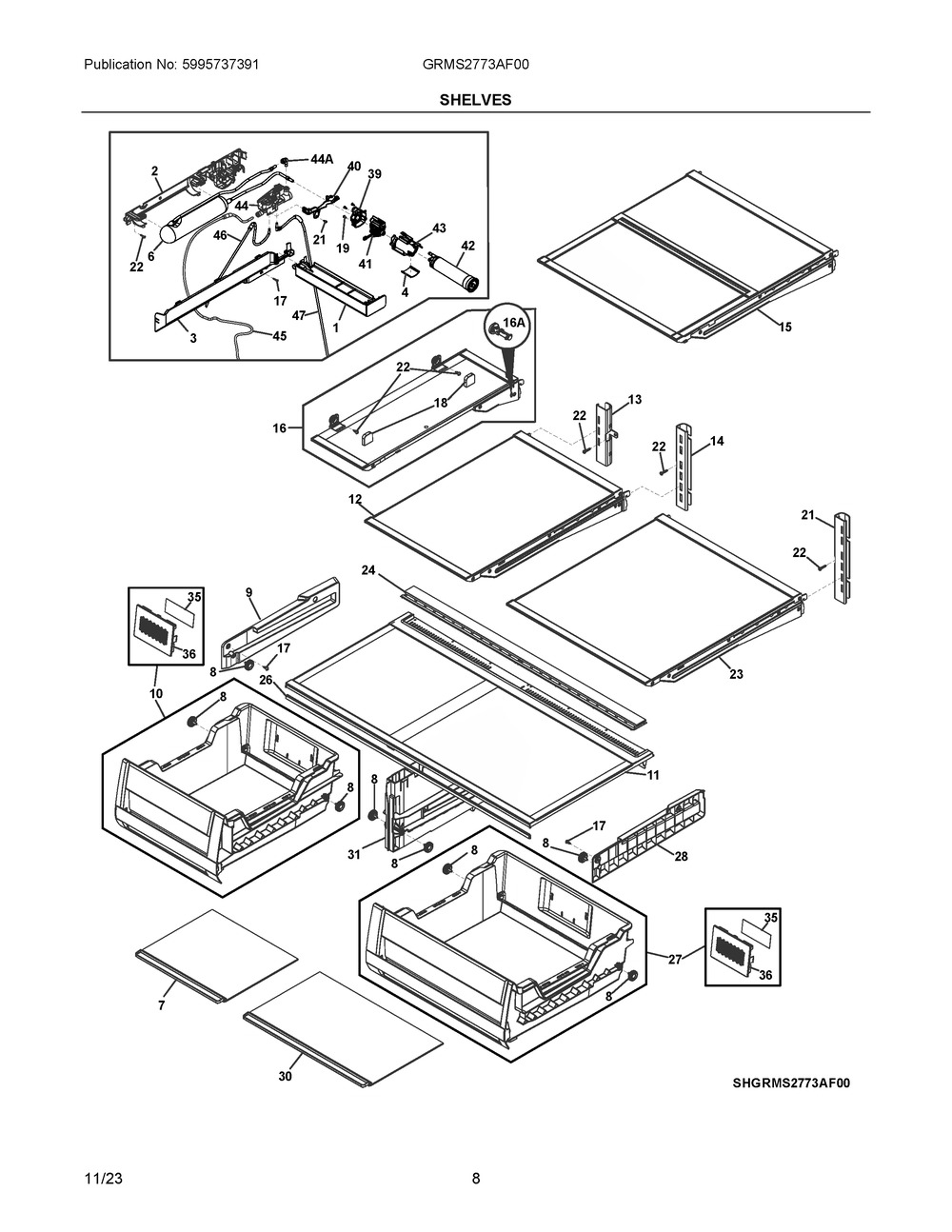 Shelves Diagram and Parts List for GRMS2773AF00  Frigidaire Refrigerator