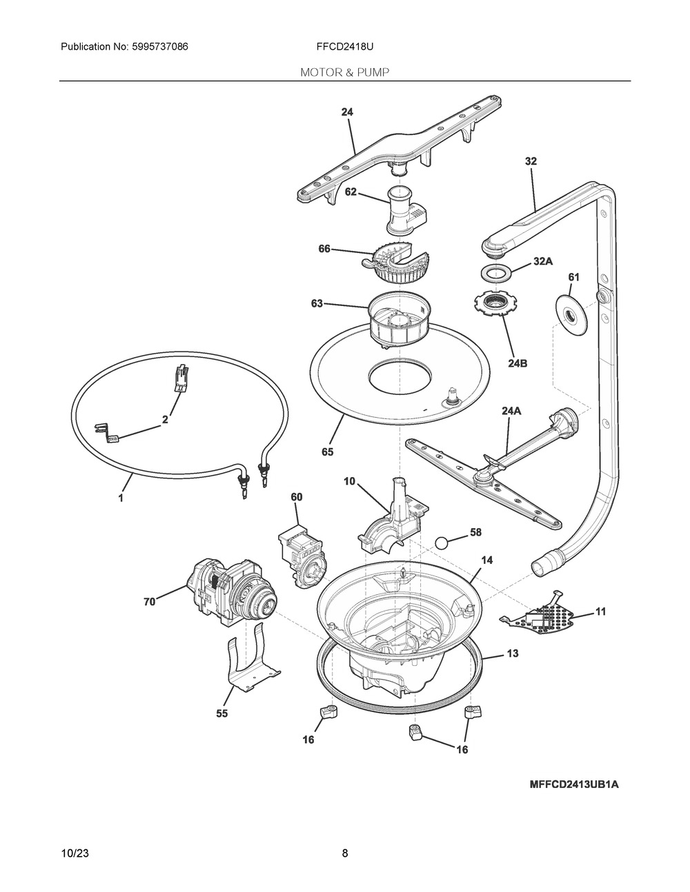 Motor And Pump Diagram and Parts List for FFCD2418UB4A  Frigidaire Dishwasher
