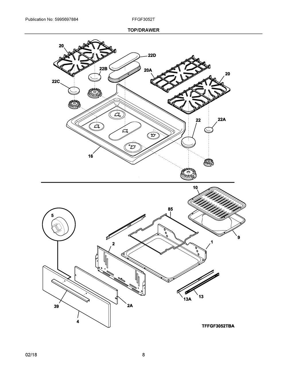 Top/drawer Diagram and Parts List for FFGF3052TWA  Frigidaire Range