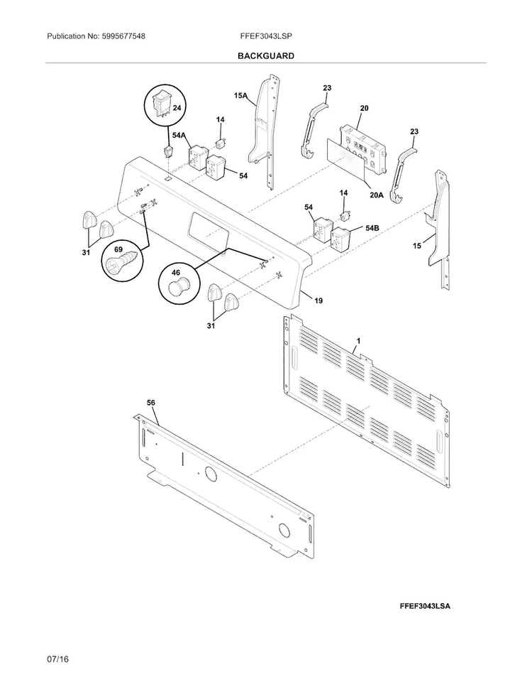Backguard Diagram and Parts List for FFEF3043LSP  Frigidaire Range