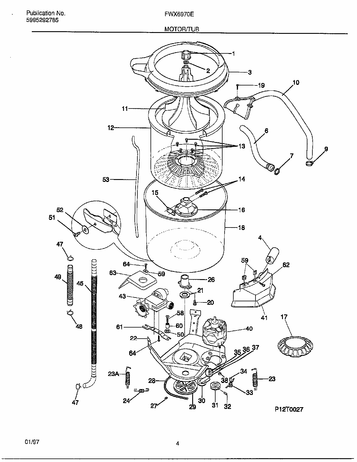 Motor/tub Diagram and Parts List for FWX6970E  Frigidaire Washer