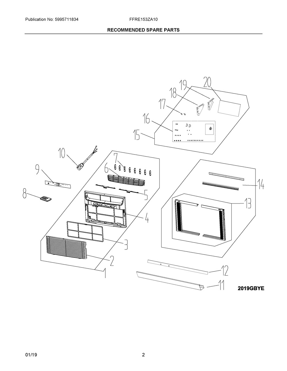 Recommended Spare Parts Diagram and Parts List for FFRE153ZA10  Frigidaire Air Conditioner