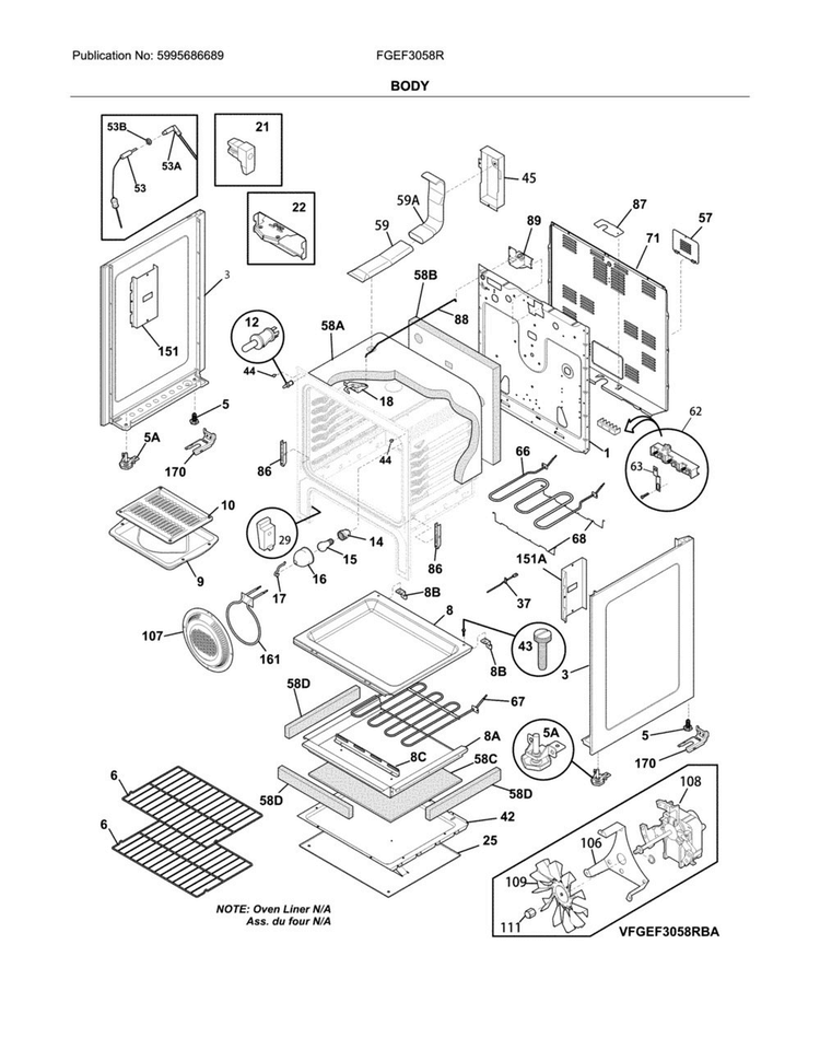 Body Diagram and Parts List for FGEF3058RWB  Frigidaire Range