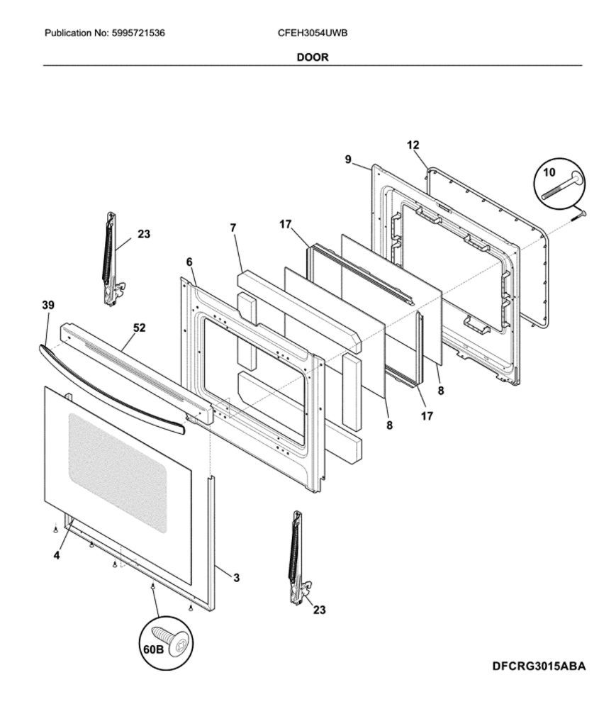 Door Diagram and Parts List for CFEH3054UWB  Frigidaire Range